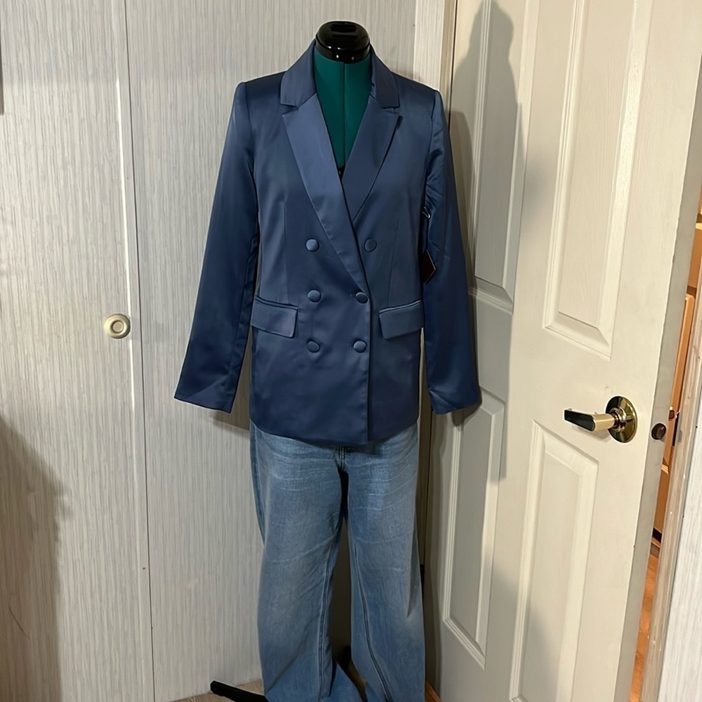 Forever 21 Party Collection Satin Feel Blazer Women's Steel Blue (140T)
